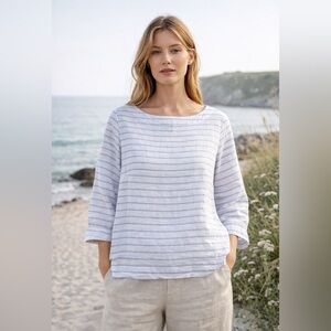 Martha Stewart Collection 100% Linen LARGE Stripe Coastal Blouse Top